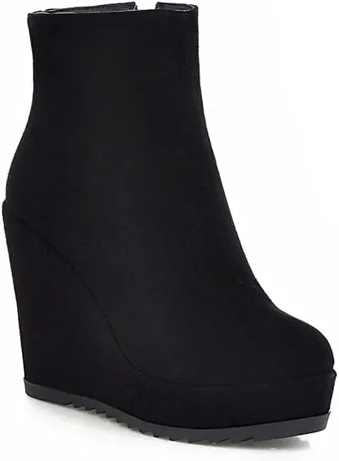 Woman Fashion Wedge Heel Ankle Boots Nubuck leather Platform Zipper Booties