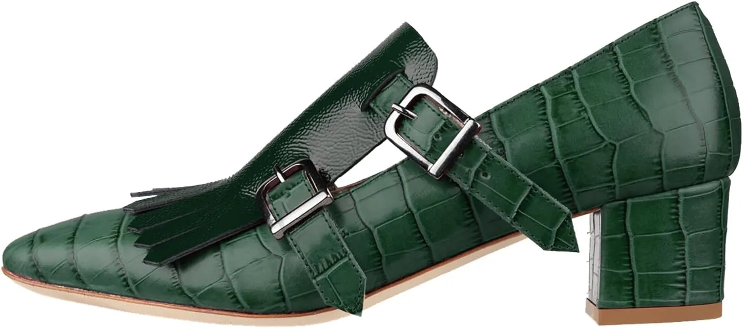 Women Fringe Loafer Pumps Chunky Heel Square Toe Loafers Buckle Strap Crocodile Pattern 2 inch Block Heel Slip On Dress Shoes Tassels Animal Print Sexy Fashion Retro Party 4-11 M US