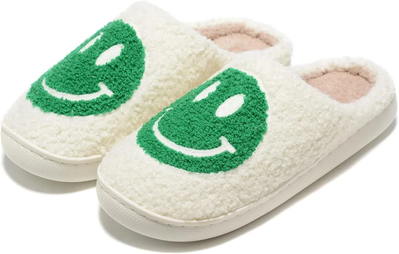 Women Men Retro Fuzzy Face Slippers Retro Soft Fluffy Warm Home Non-Slip Couple Style Casual Happy Face Slippers Soft Memory Foam Fuzzy Slides Indoor Outdoor Anti-Skid Warm Cozy Foam Slide