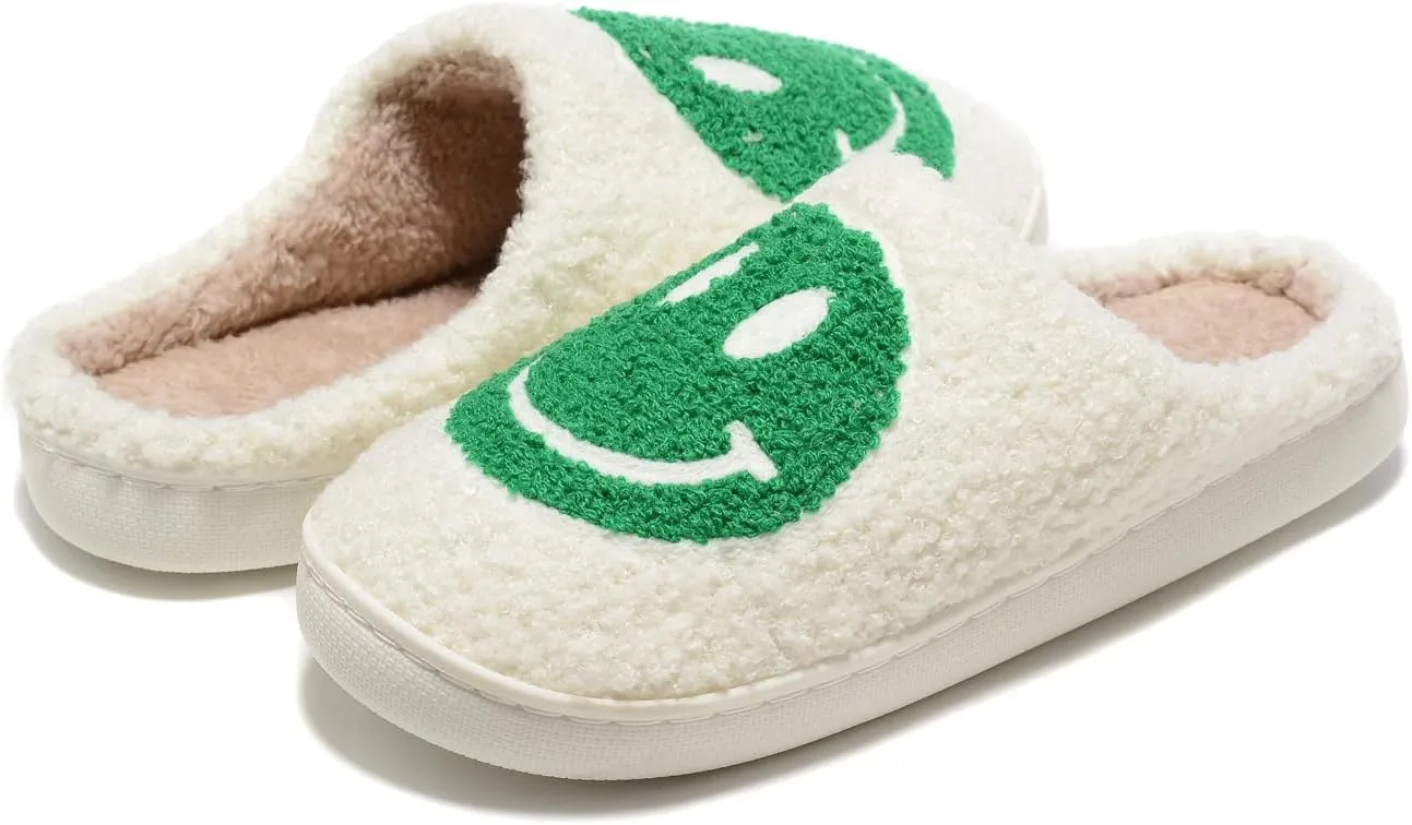 Women Men Retro Fuzzy Face Slippers Retro Soft Fluffy Warm Home Non-Slip Couple Style Casual Happy Face Slippers Soft Memory Foam Fuzzy Slides Indoor Outdoor Anti-Skid Warm Cozy Foam Slide