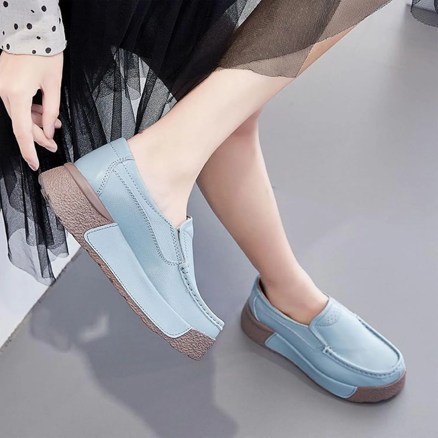 Women Platform Leather Slip On Loafers Wedge Moccasins,Casual Comfort Lightweight Soft Sole Low Top Walking Shoes Work Nurse Shoes