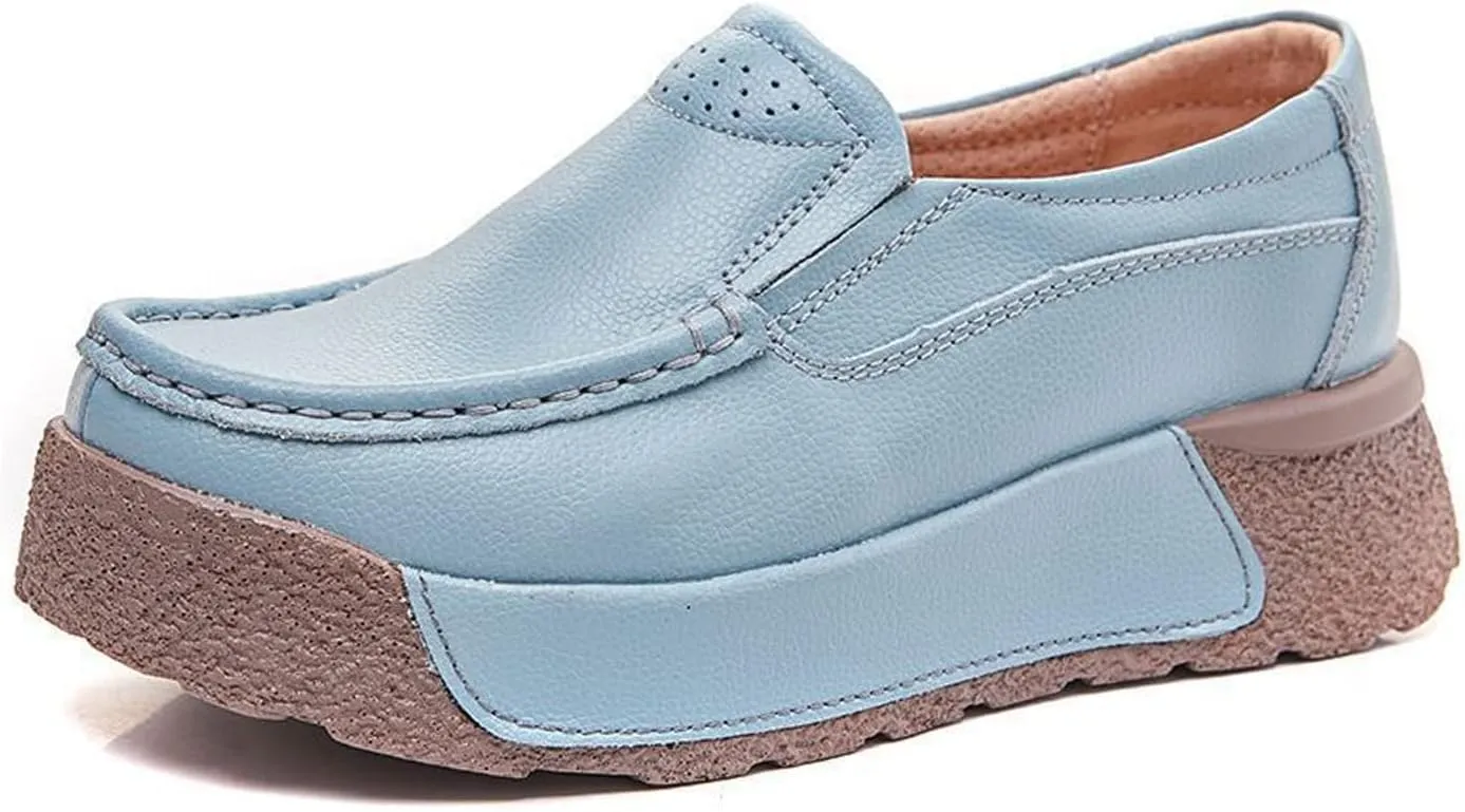 Women Platform Leather Slip On Loafers Wedge Moccasins,Casual Comfort Lightweight Soft Sole Low Top Walking Shoes Work Nurse Shoes