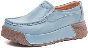 Women Platform Leather Slip On Loafers Wedge Moccasins,Casual Comfort Lightweight Soft Sole Low Top Walking Shoes Work Nurse Shoes