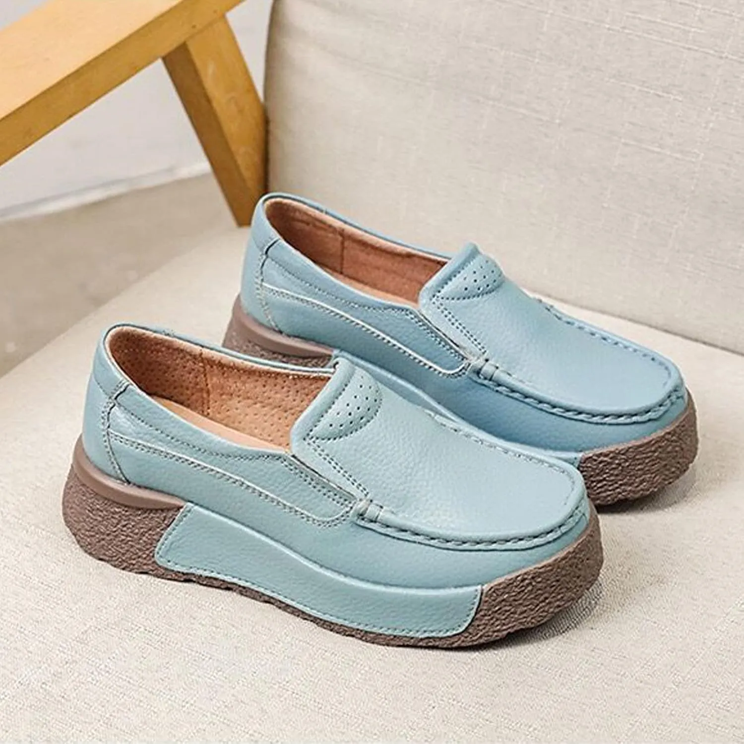 Women Platform Leather Slip On Loafers Wedge Moccasins,Casual Comfort Lightweight Soft Sole Low Top Walking Shoes Work Nurse Shoes