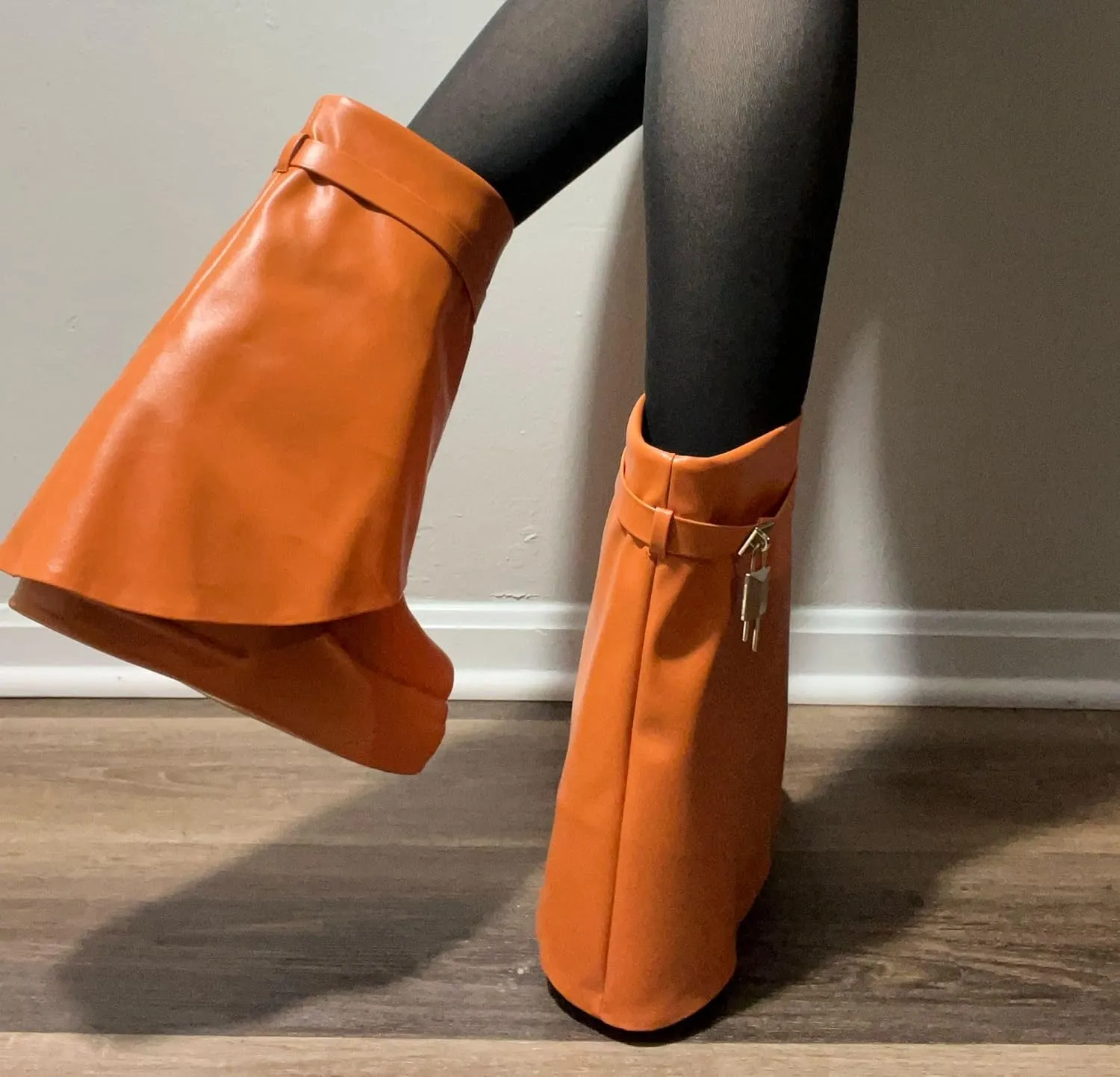 Women Round Toe Wedge Heel Fold Over Mid-calf Pull On Boots