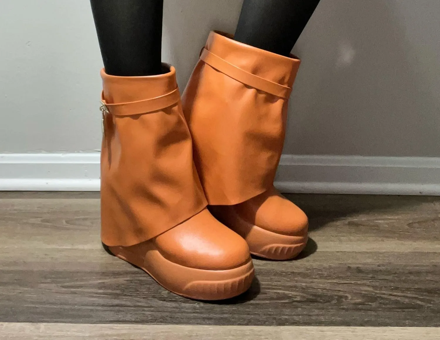 Women Round Toe Wedge Heel Fold Over Mid-calf Pull On Boots