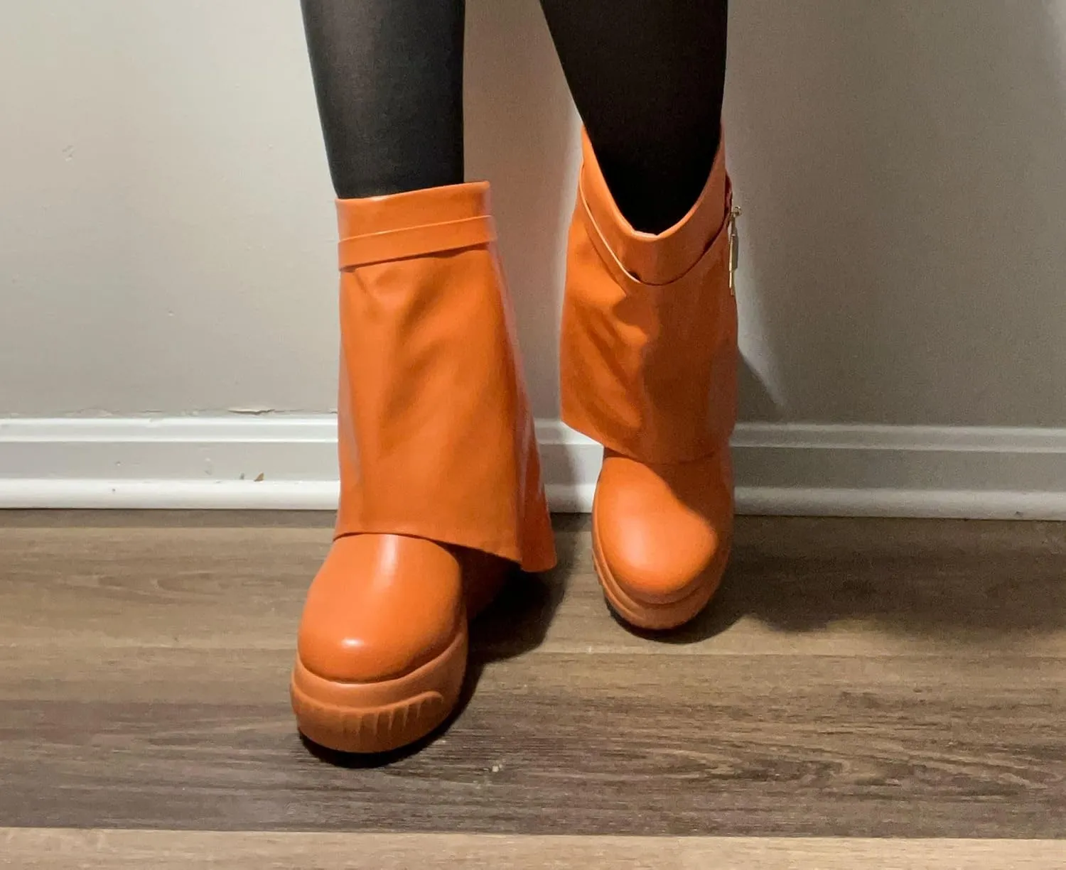Women Round Toe Wedge Heel Fold Over Mid-calf Pull On Boots
