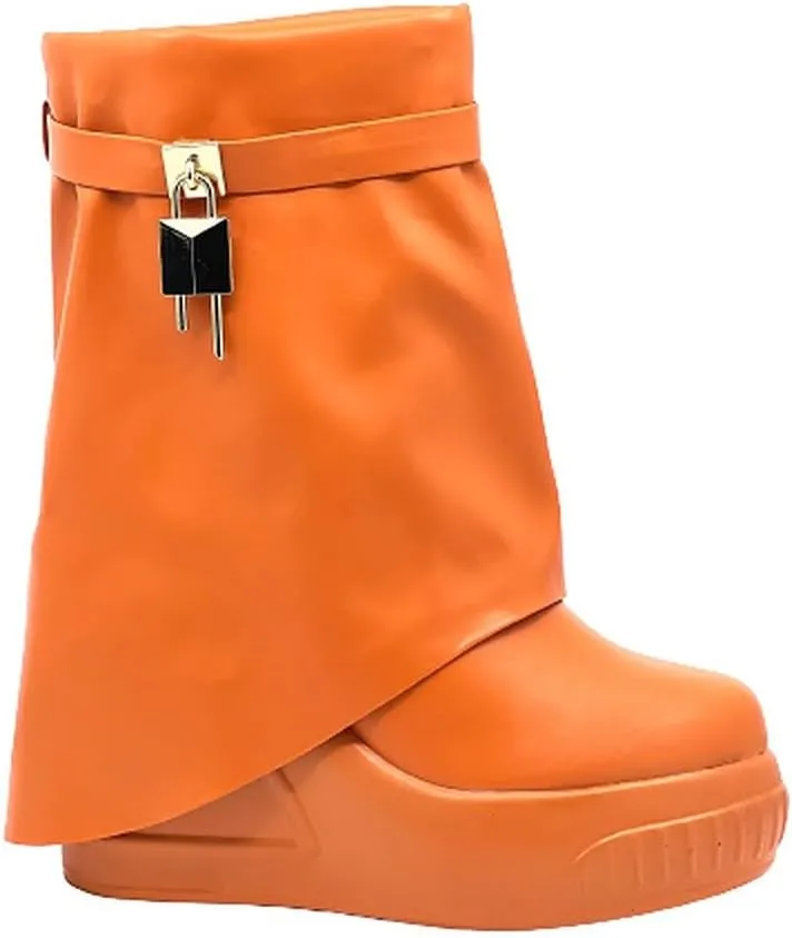 Women Round Toe Wedge Heel Fold Over Mid-calf Pull On Boots