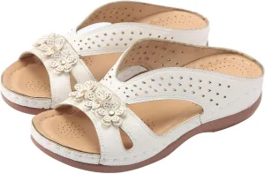 Women Wedge Sandals Leather: Slip On Dressy Summer Comfortable Slides Sandals Lightweight Memory Foam Platform Comfort Cross Strap with 3D Floral Shoes White,7.5