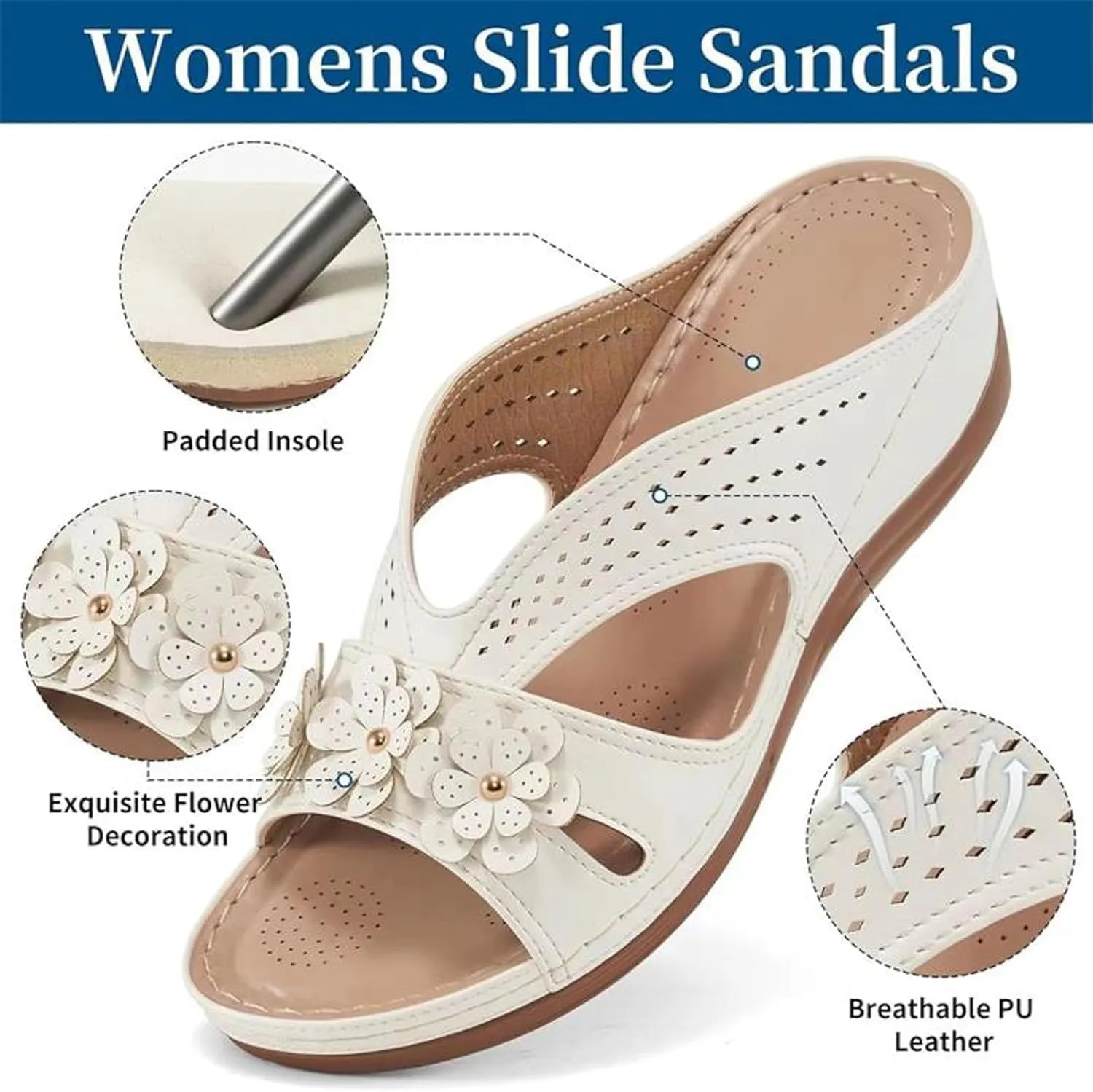 Women Wedge Sandals Leather: Slip On Dressy Summer Comfortable Slides Sandals Lightweight Memory Foam Platform Comfort Cross Strap with 3D Floral Shoes White,7.5