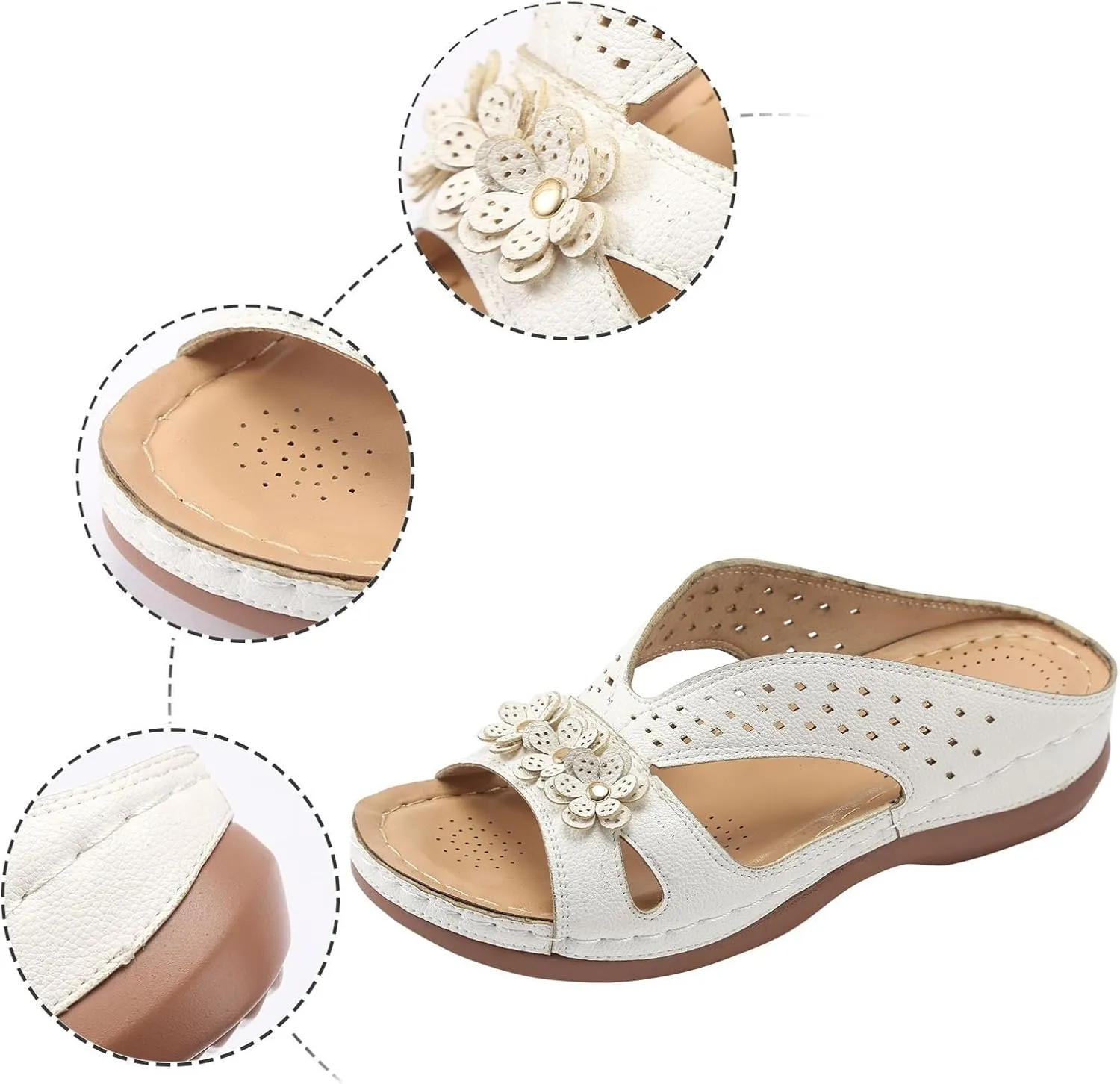 Women Wedge Sandals Leather: Slip On Dressy Summer Comfortable Slides Sandals Lightweight Memory Foam Platform Comfort Cross Strap with 3D Floral Shoes White,7.5