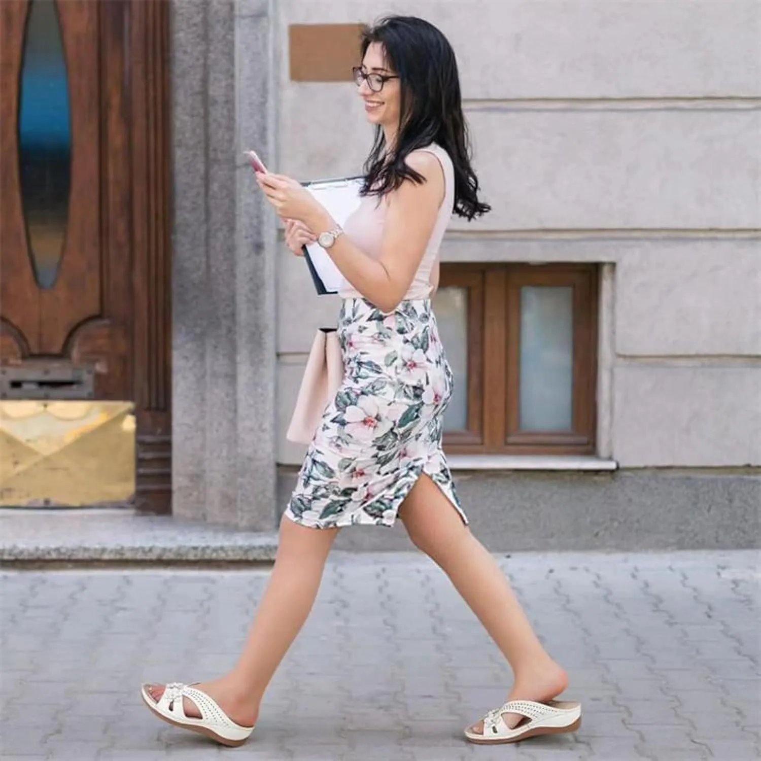 Women Wedge Sandals Leather: Slip On Dressy Summer Comfortable Slides Sandals Lightweight Memory Foam Platform Comfort Cross Strap with 3D Floral Shoes White,7.5