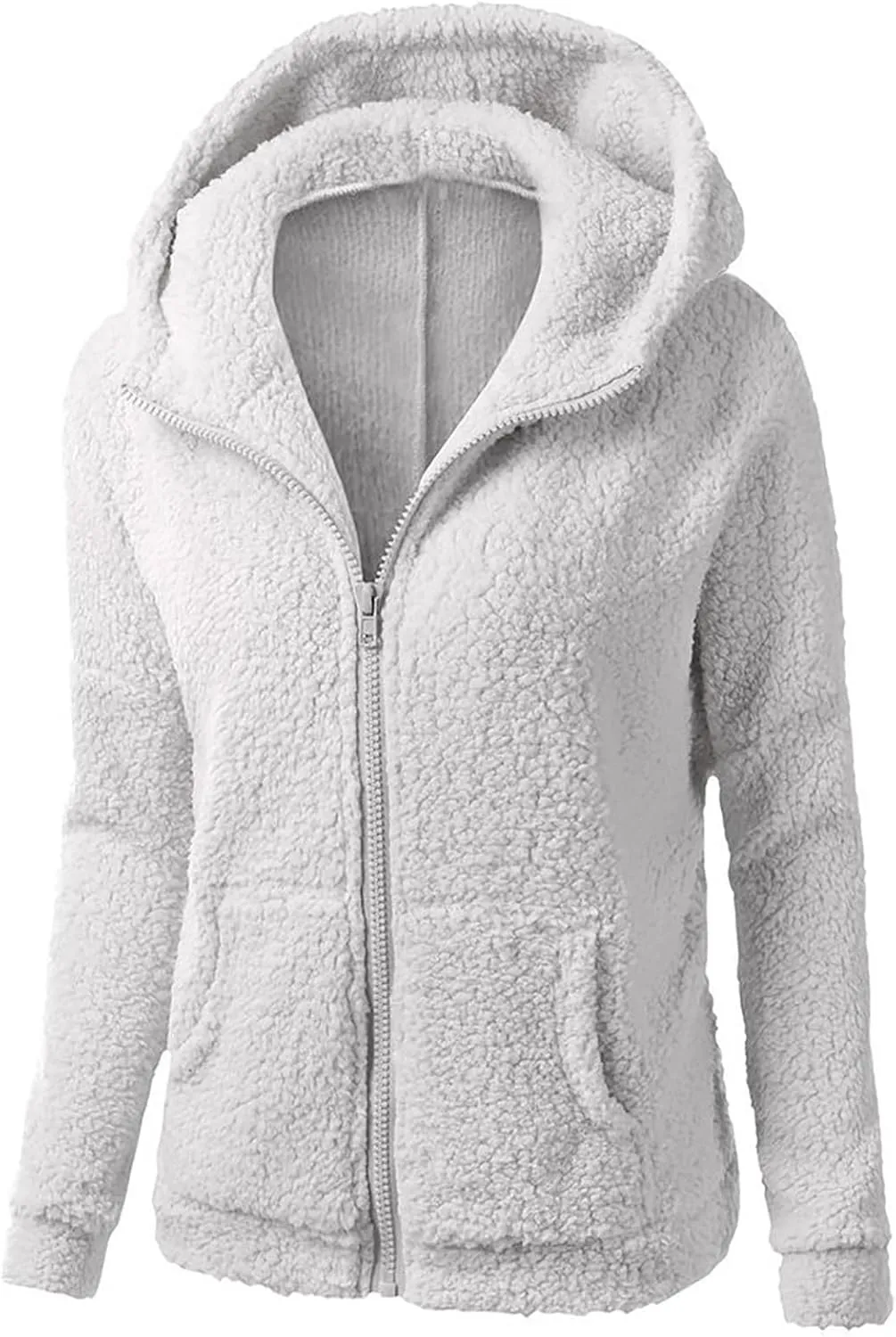 Women Zip Up Hoodies Fuzzy Fleece Long Sleeve Solid Color Hooded Jacket Slim Fit Casual Warm Clothes with Pocket
