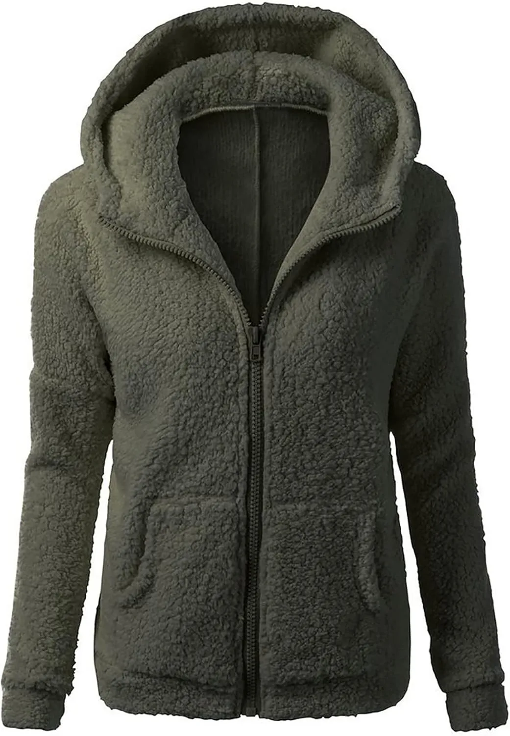 Women Zip Up Hoodies Fuzzy Fleece Long Sleeve Solid Color Hooded Jacket Slim Fit Casual Warm Clothes with Pocket