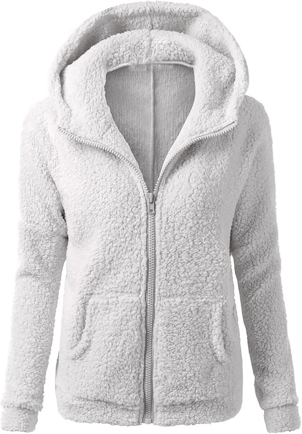 Women Zip Up Hoodies Fuzzy Fleece Long Sleeve Solid Color Hooded Jacket Slim Fit Casual Warm Clothes with Pocket