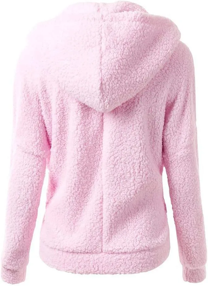 Women Zip Up Hoodies Fuzzy Fleece Long Sleeve Solid Color Hooded Jacket Slim Fit Casual Warm Clothes with Pocket