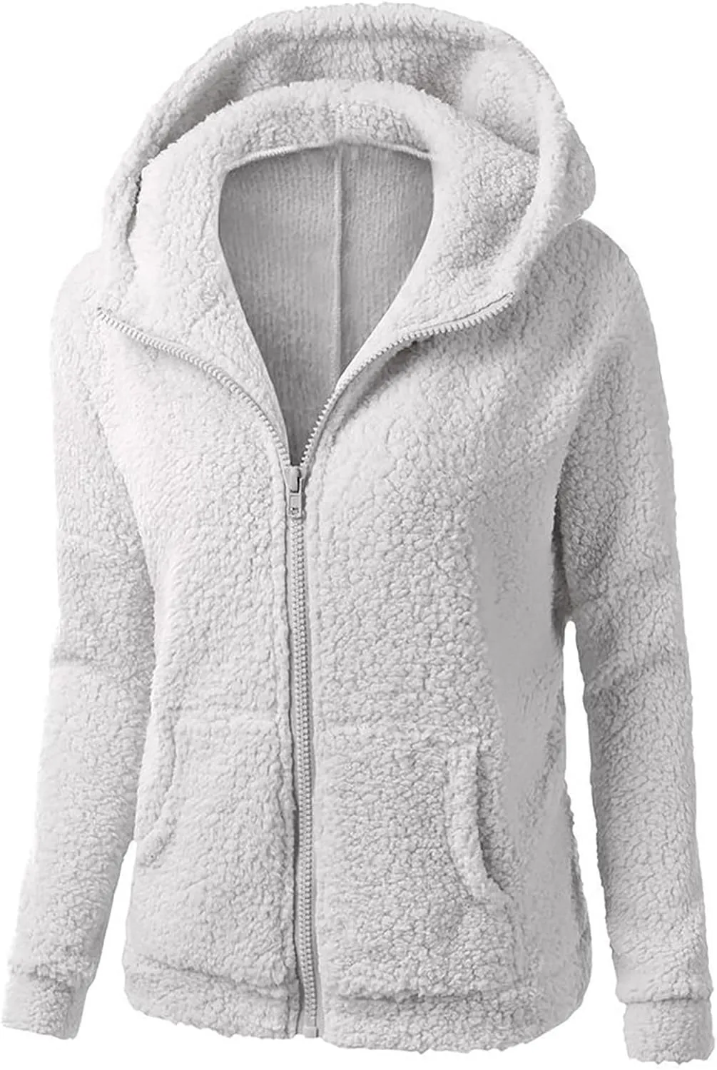 Women Zip Up Hoodies Fuzzy Fleece Long Sleeve Solid Color Hooded Jacket Slim Fit Casual Warm Clothes with Pocket