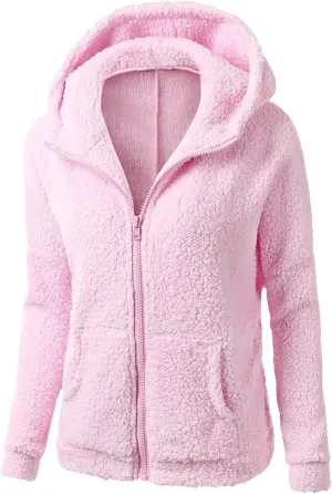 Women Zip Up Hoodies Fuzzy Fleece Long Sleeve Solid Color Hooded Jacket Slim Fit Casual Warm Clothes with Pocket