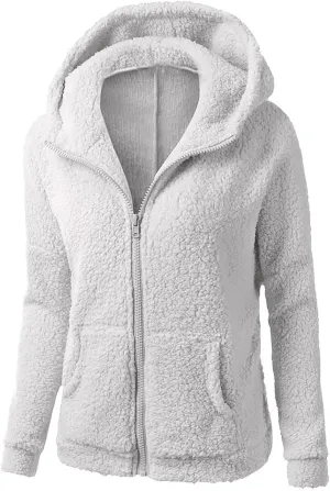 Women Zip Up Hoodies Fuzzy Fleece Long Sleeve Solid Color Hooded Jacket Slim Fit Casual Warm Clothes with Pocket