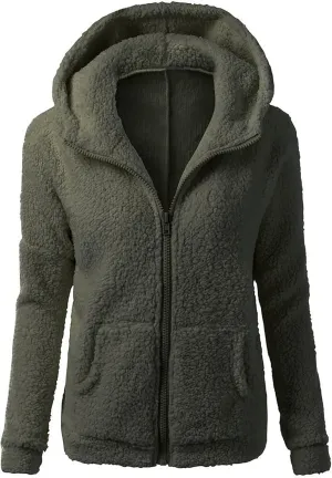 Women Zip Up Hoodies Fuzzy Fleece Long Sleeve Solid Color Hooded Jacket Slim Fit Casual Warm Clothes with Pocket