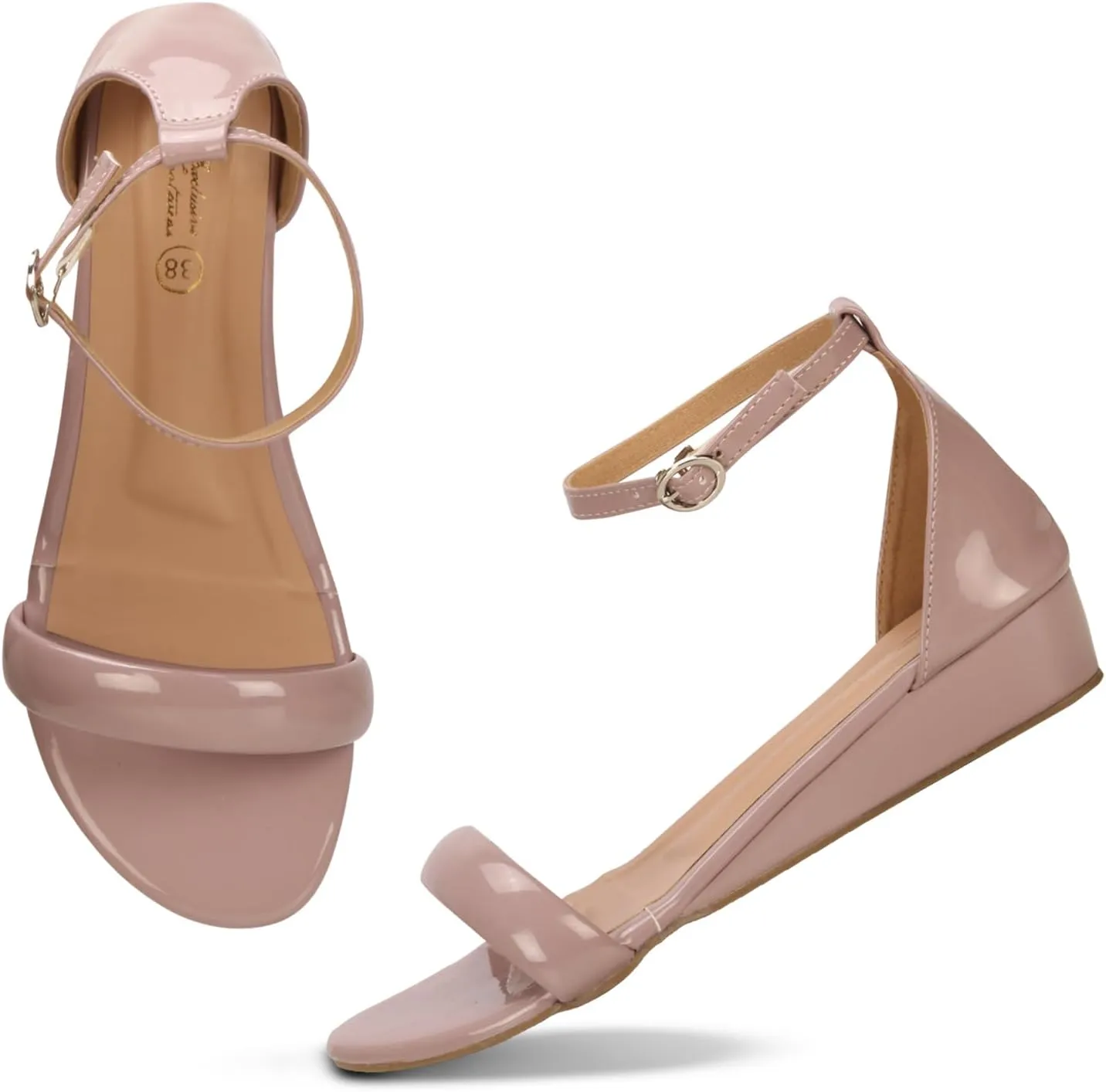 Women's Ankle Strap Low Wedge Heel Sandals | Open Toe Cushion Comfort Dress Sandals for Casual & Party Wear