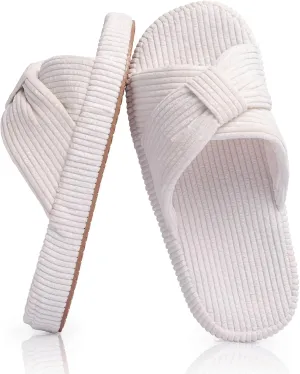Women's Bow Cross Band Slippers Memory Foam House Bedroom Corduroy Slide Slipper Shoes Open Toe