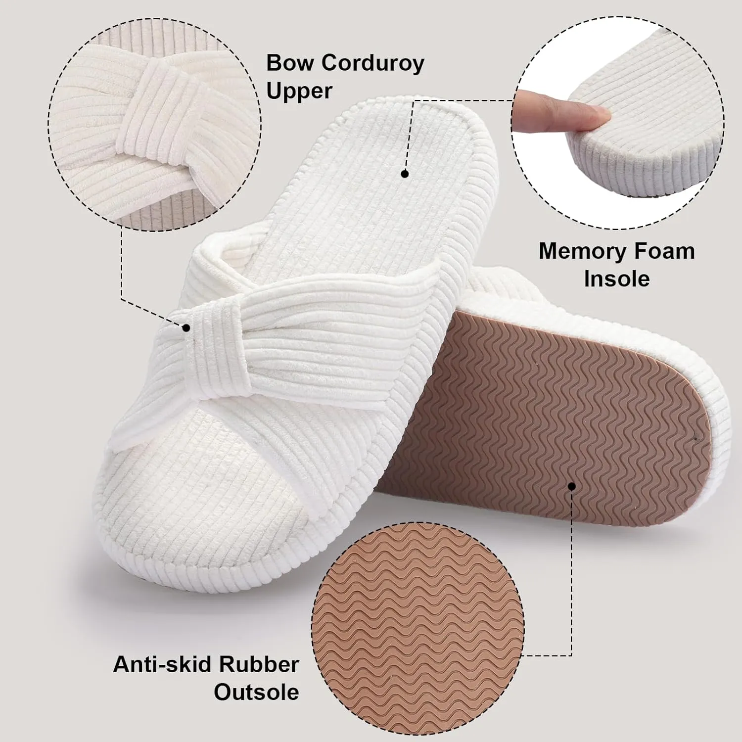Women's Bow Cross Band Slippers Memory Foam House Bedroom Corduroy Slide Slipper Shoes Open Toe