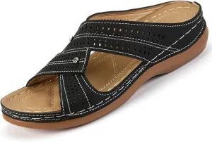Women's Breathable Wedge Sandals Dressy & Casual - Soft Leather Slip-On Summer Shoes with Orthopedic Support, Non-Slip Rubber Sole Platform for All-Day Comfort Walking
