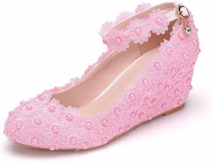 Women's Bridal Shoes, 5 Cm White Wedding Dress Pumps Lace Flowers Wedge Heel Shallow Mouth Round Toe Single Shoes,35 EU,Pink
