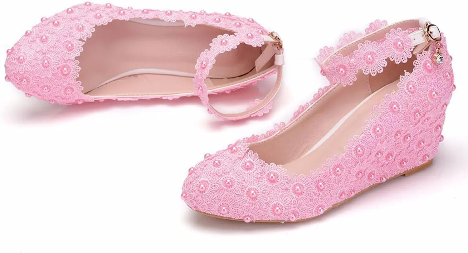 Women's Bridal Shoes, 5 Cm White Wedding Dress Pumps Lace Flowers Wedge Heel Shallow Mouth Round Toe Single Shoes,35 EU,Pink