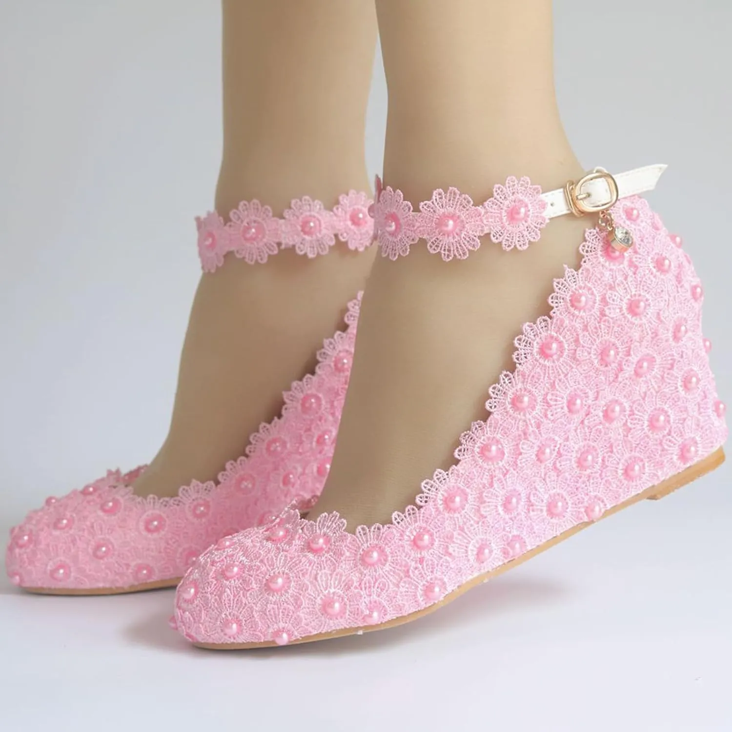 Women's Bridal Shoes, 5 Cm White Wedding Dress Pumps Lace Flowers Wedge Heel Shallow Mouth Round Toe Single Shoes,35 EU,Pink