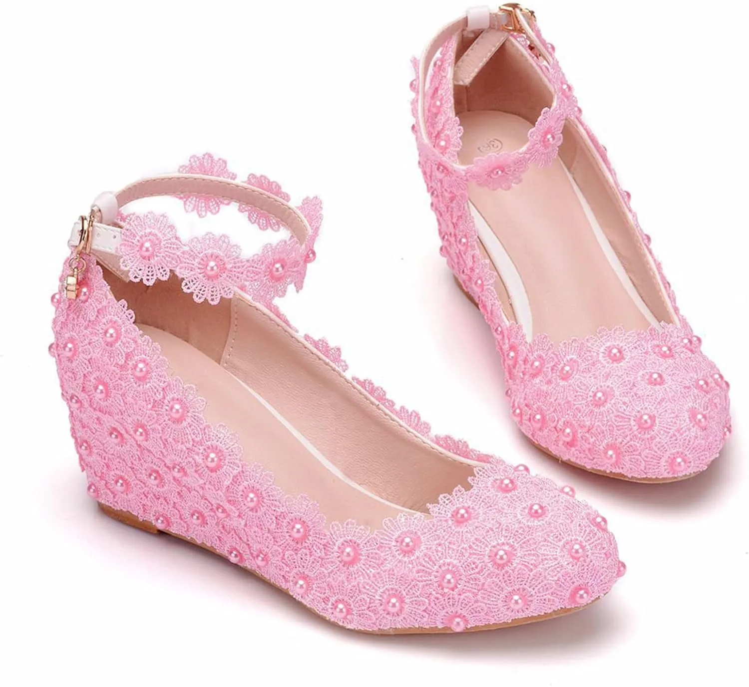 Women's Bridal Shoes, 5 Cm White Wedding Dress Pumps Lace Flowers Wedge Heel Shallow Mouth Round Toe Single Shoes,35 EU,Pink