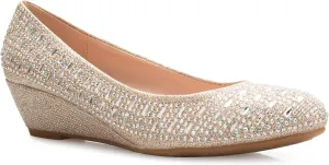 Women's Close Round Toe Low Wedge Glitter Rhinestone Comfort Champagne