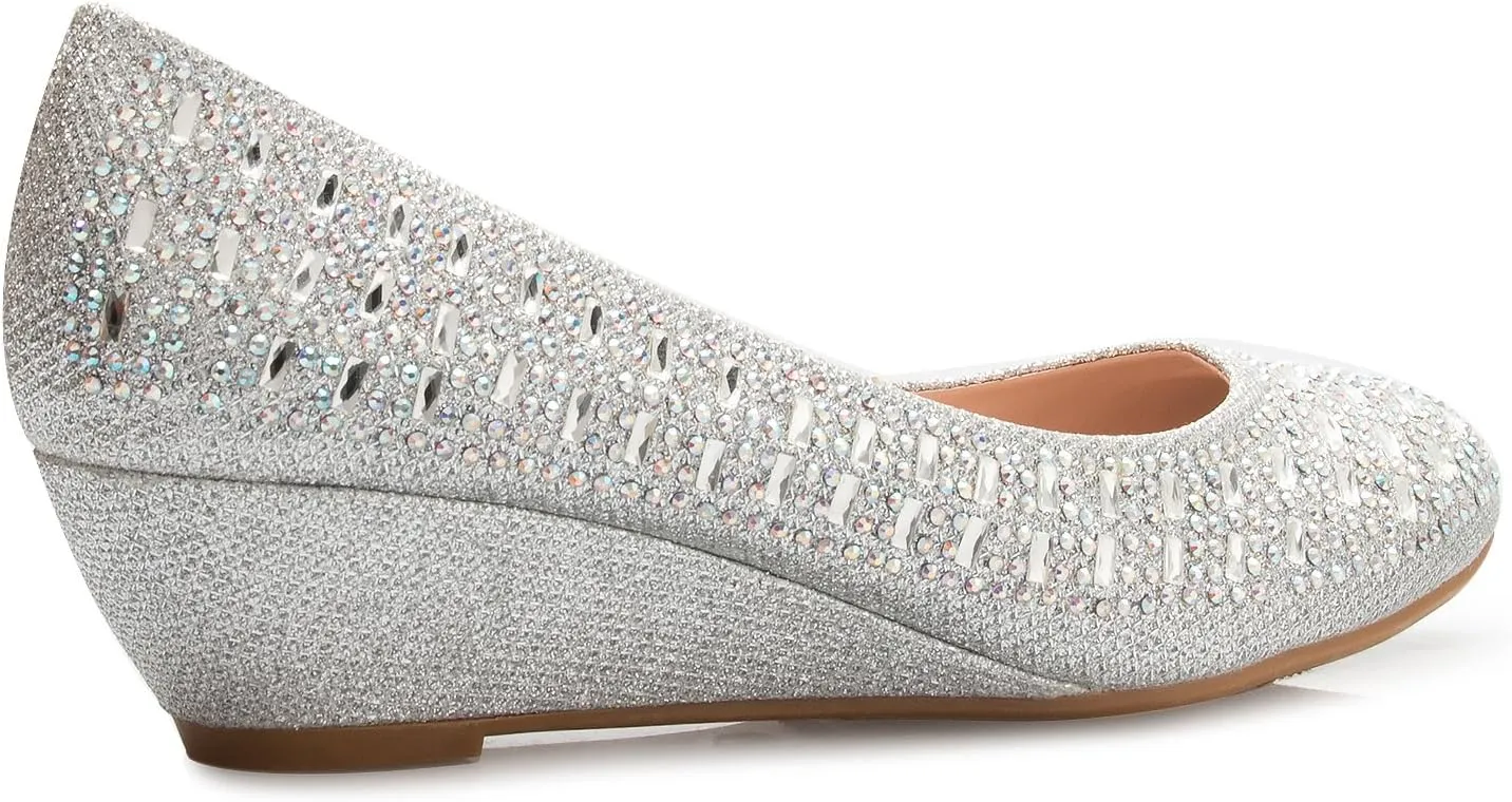 Women's Close Round Toe Low Wedge Glitter Rhinestone Comfort