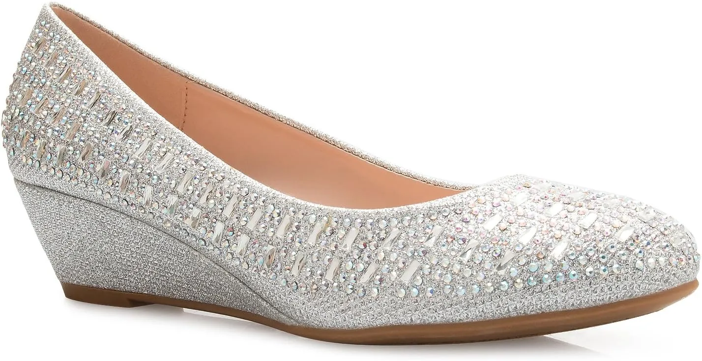 Women's Close Round Toe Low Wedge Glitter Rhinestone Comfort