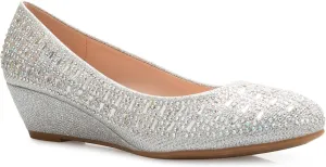 Women's Close Round Toe Low Wedge Glitter Rhinestone Comfort