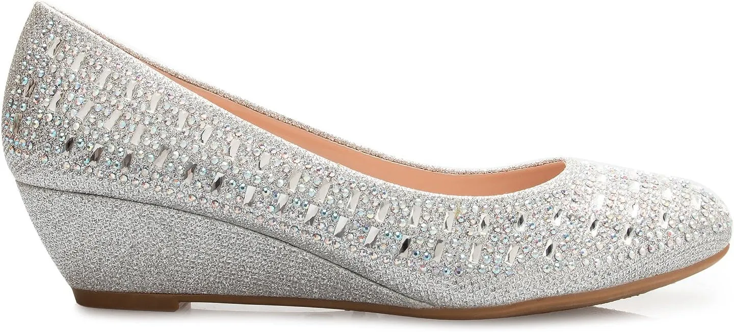 Women's Close Round Toe Low Wedge Glitter Rhinestone Comfort