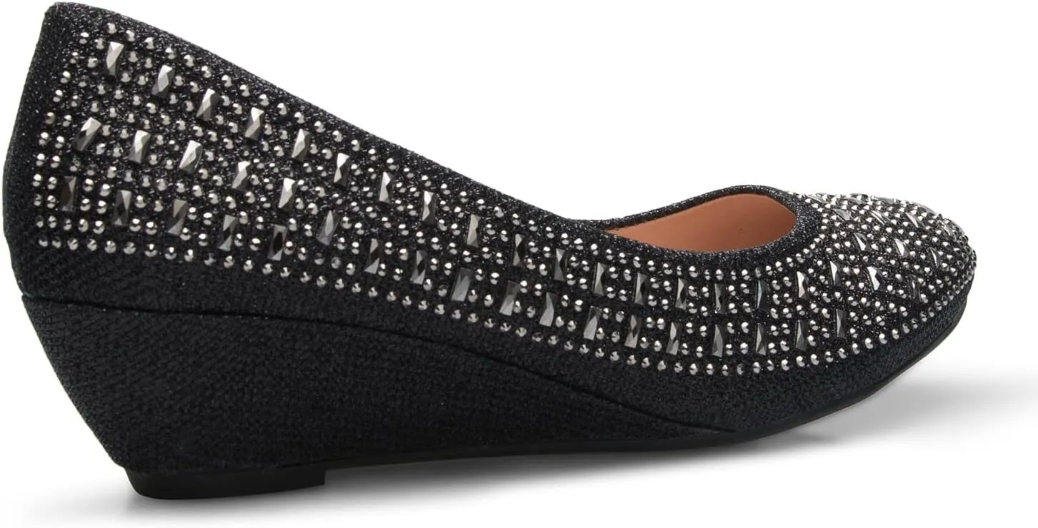 Women's Close Round Toe Low Wedge Glitter Rhinestone Comfort