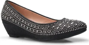 Women's Close Round Toe Low Wedge Glitter Rhinestone Comfort