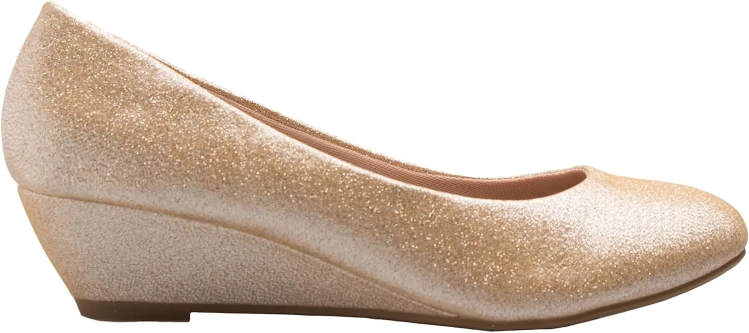 Women's Close Round Toe Low Wedge Glitter Rhinestone Comfort
