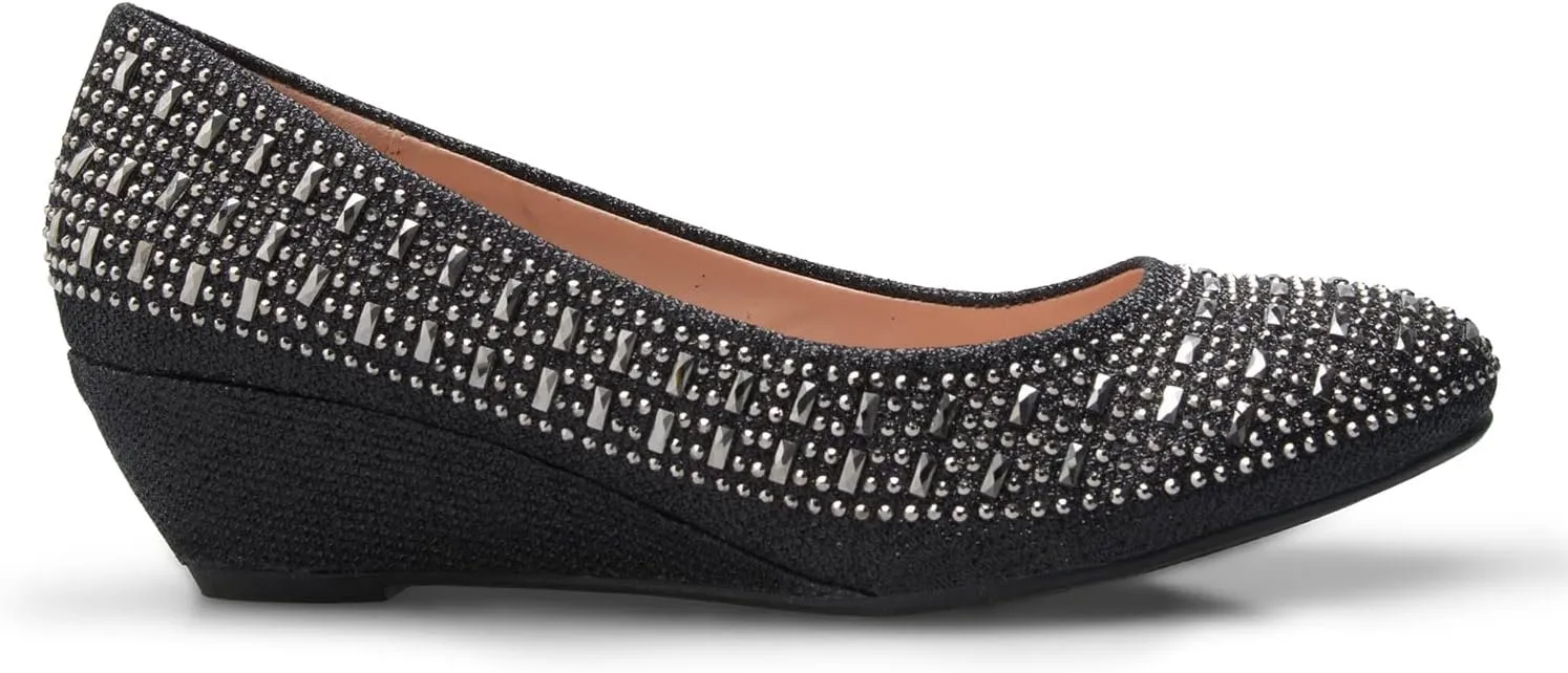 Women's Close Round Toe Low Wedge Glitter Rhinestone Comfort