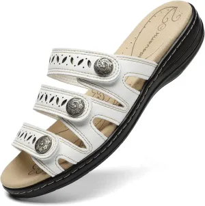 Women's Comfort Leather Slides Lightweight Flat Sandals Cute Slip On Casual Walking Slippers