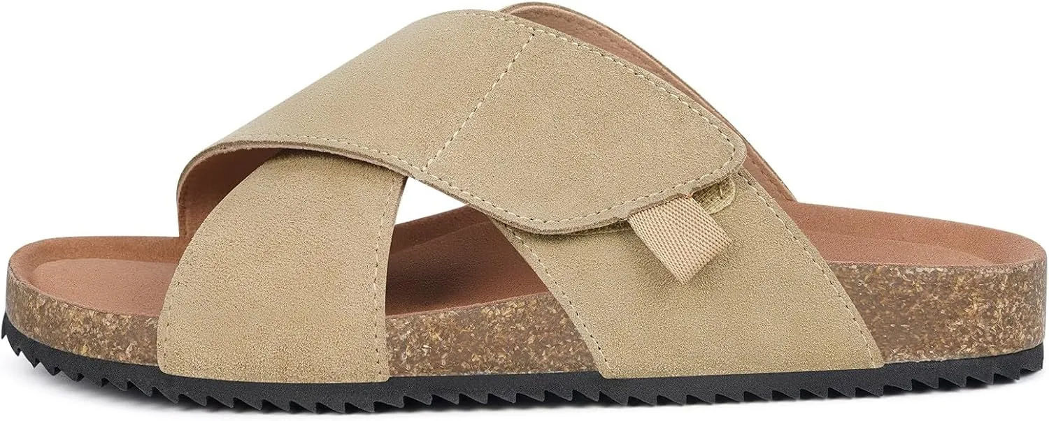 Womens Cork Footbed Slides Sandals Suede Leather Flat Sandals Cross Band Summer Slip on Open Toe Slippers Arch Support for Indoor Outdoor with Adjustable Straps