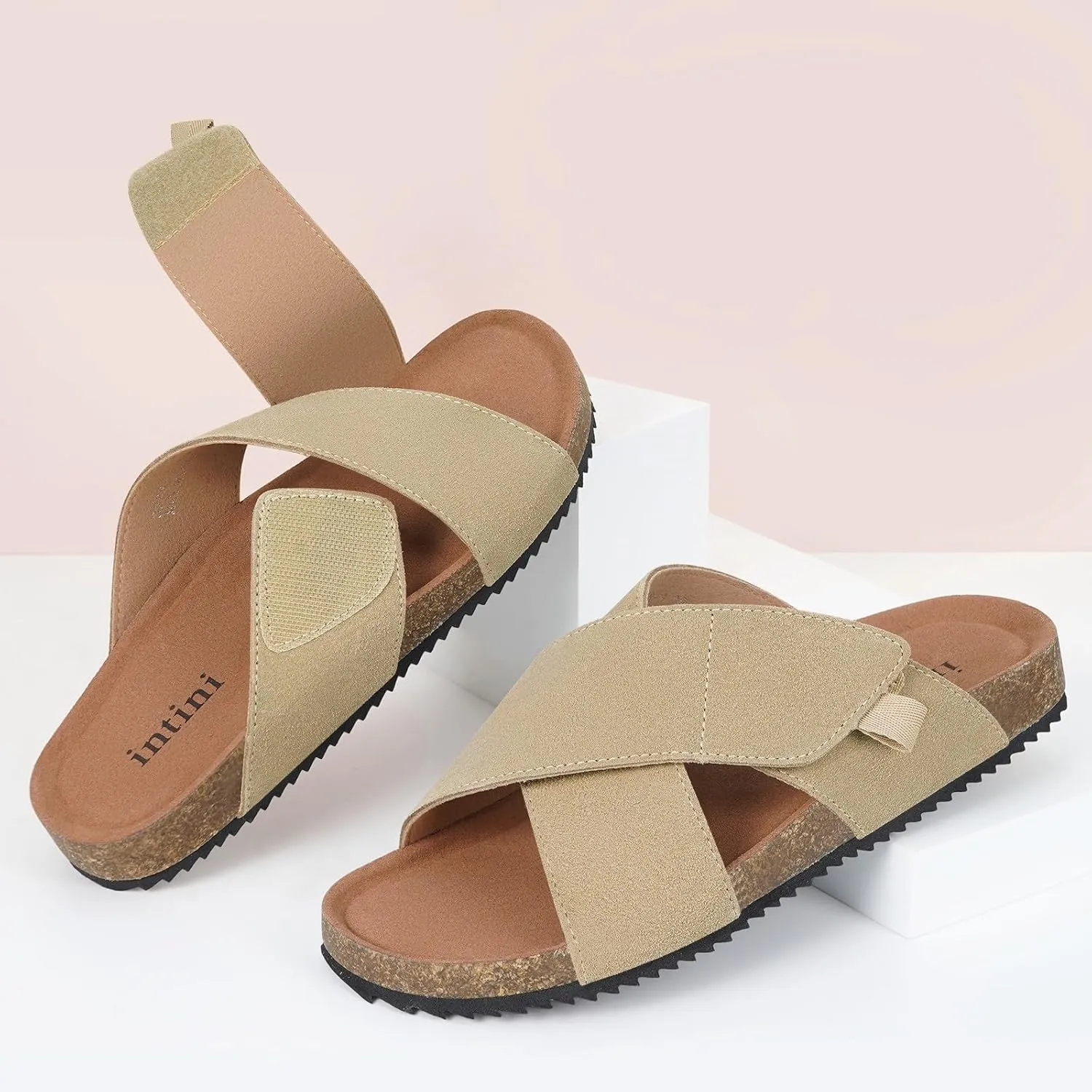 Womens Cork Footbed Slides Sandals Suede Leather Flat Sandals Cross Band Summer Slip on Open Toe Slippers Arch Support for Indoor Outdoor with Adjustable Straps