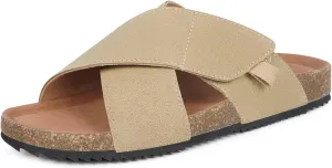 Womens Cork Footbed Slides Sandals Suede Leather Flat Sandals Cross Band Summer Slip on Open Toe Slippers Arch Support for Indoor Outdoor with Adjustable Straps