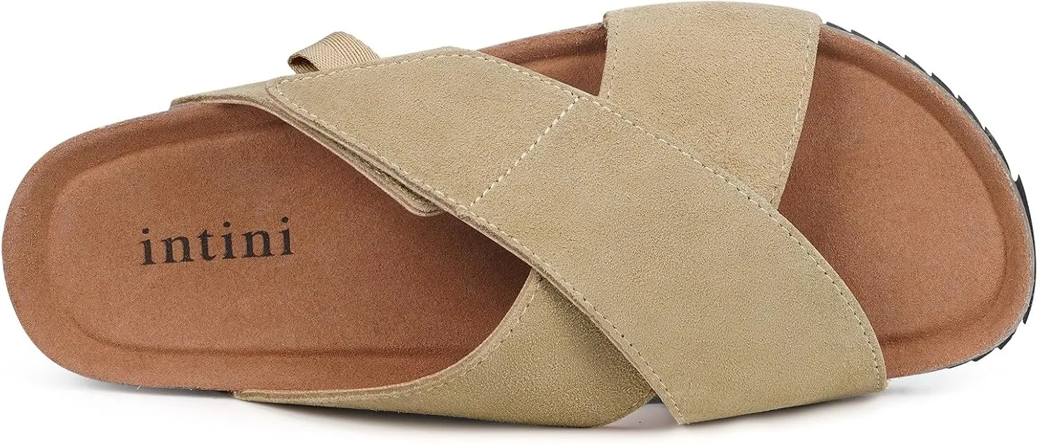 Womens Cork Footbed Slides Sandals Suede Leather Flat Sandals Cross Band Summer Slip on Open Toe Slippers Arch Support for Indoor Outdoor with Adjustable Straps