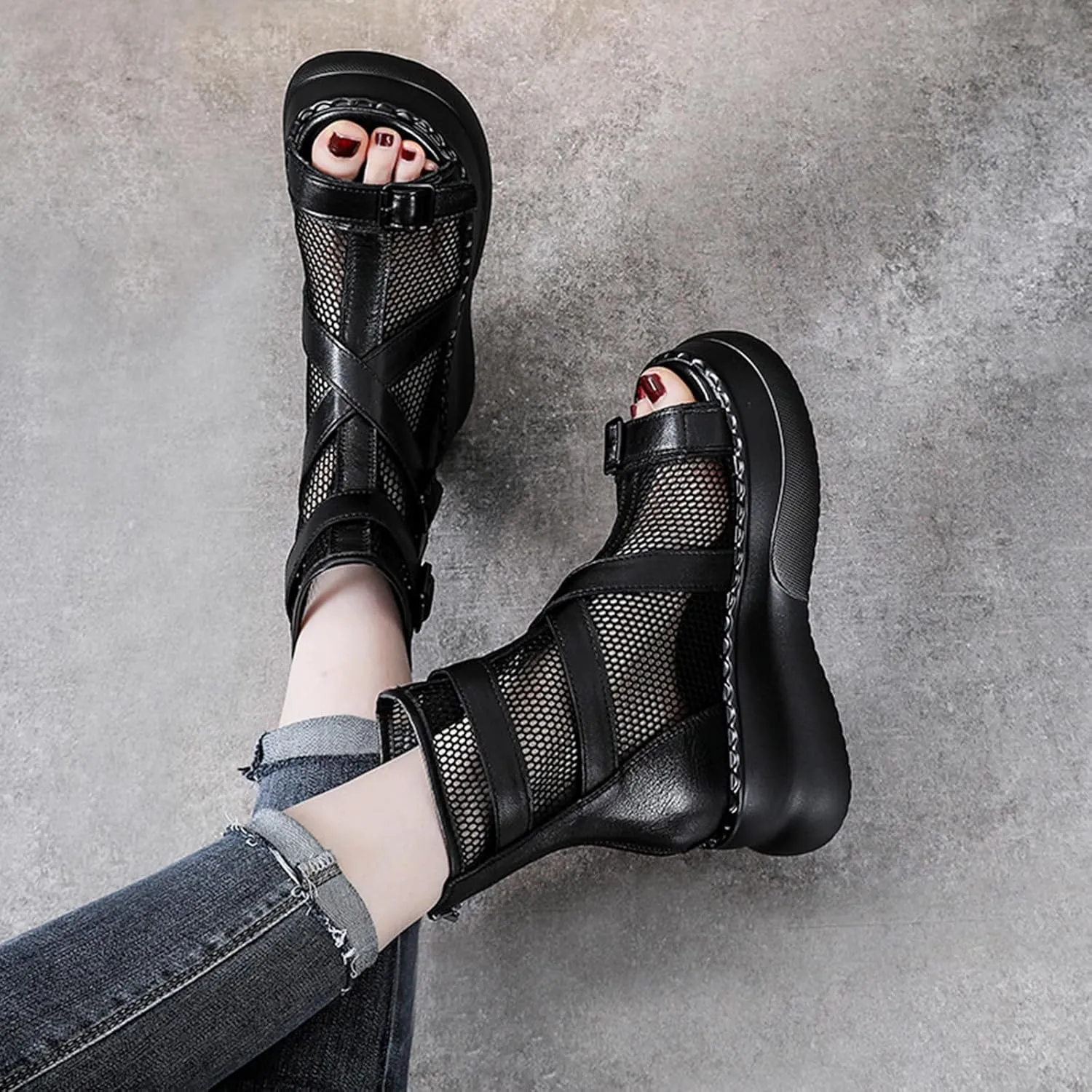 Women's Genuine Leather High Top Platform Sandals with Buckle Strap Summer Peep Toe Back Zipper Hollow Mesh Casual Ankle Boots Lightweight Comfortable Roman Sandals