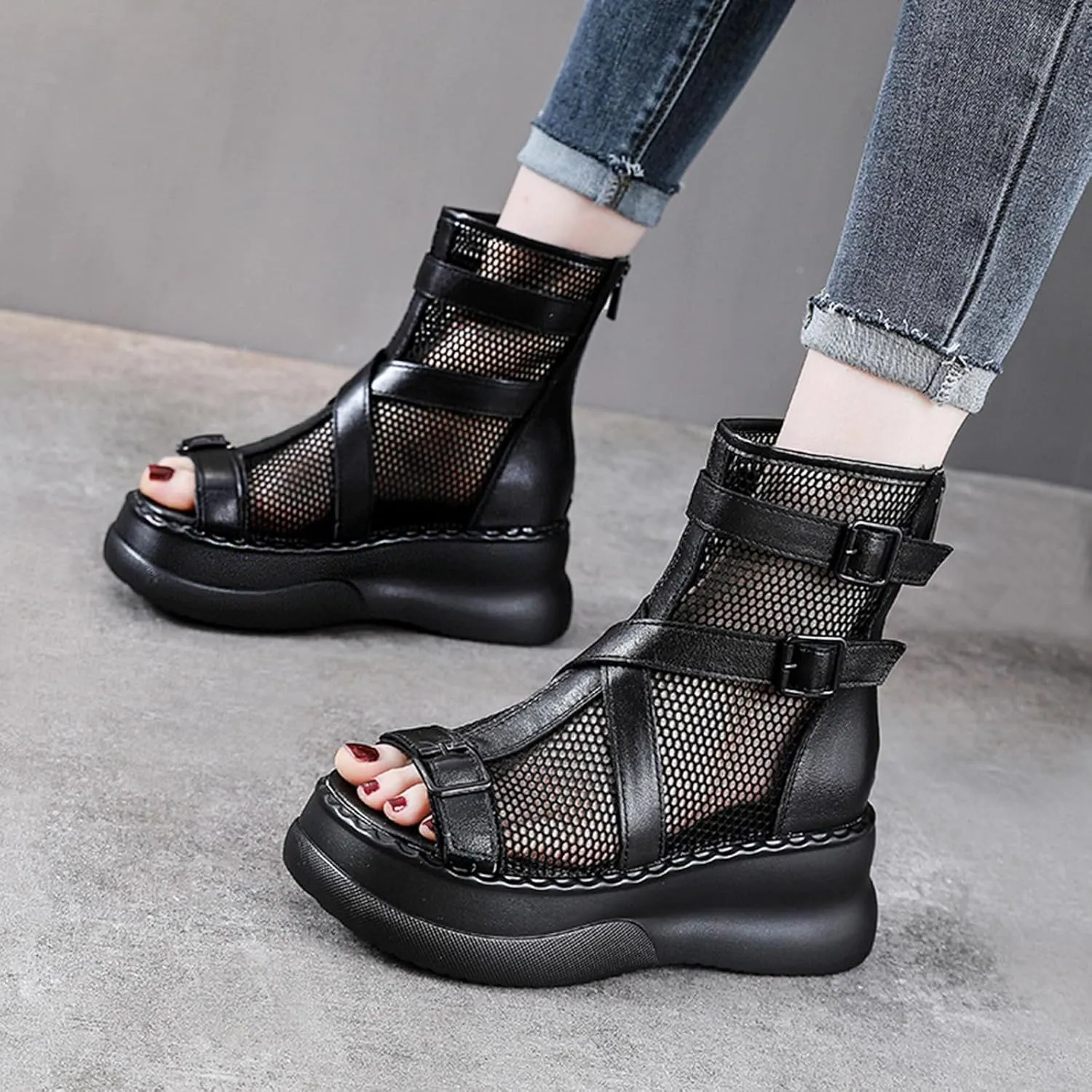 Women's Genuine Leather High Top Platform Sandals with Buckle Strap Summer Peep Toe Back Zipper Hollow Mesh Casual Ankle Boots Lightweight Comfortable Roman Sandals