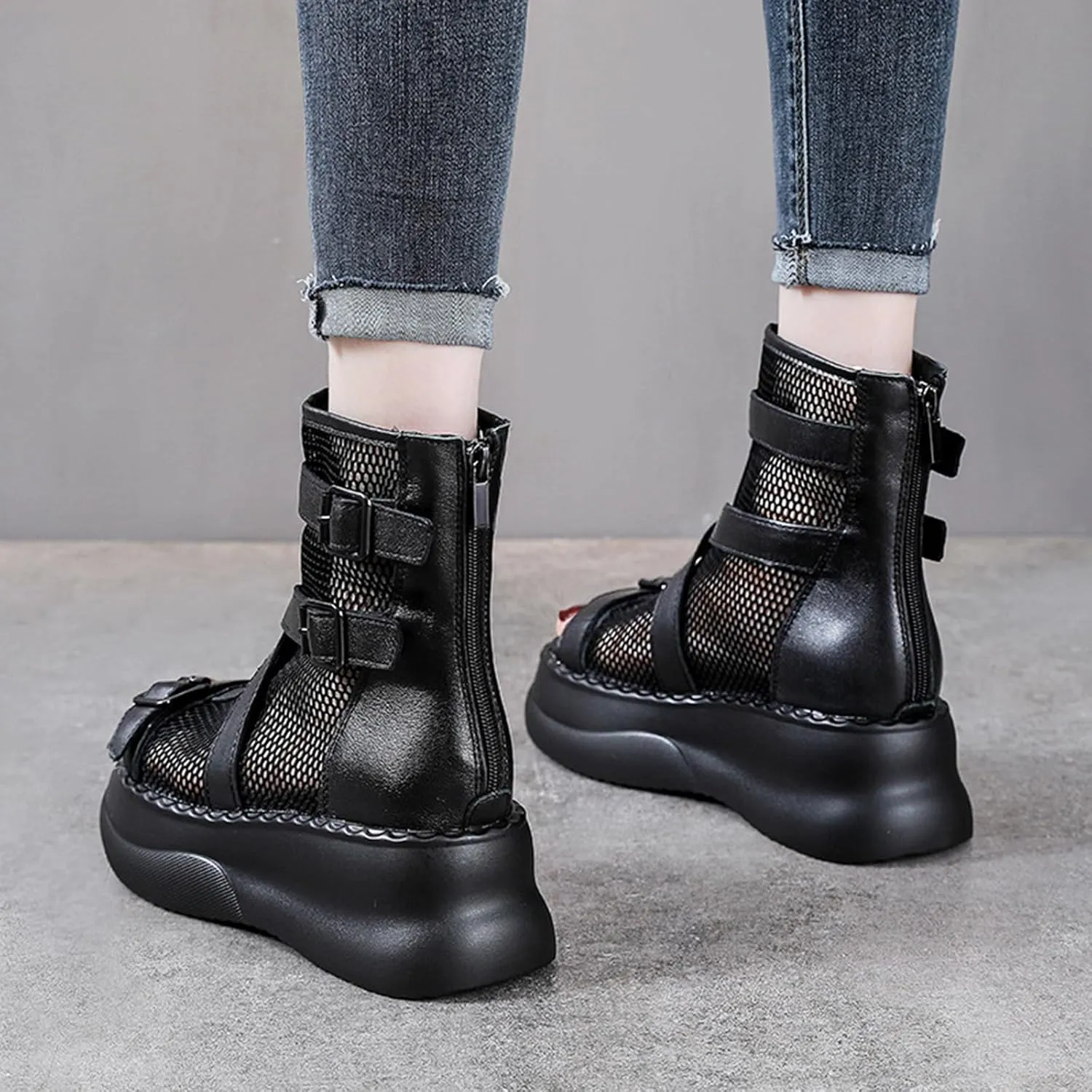 Women's Genuine Leather High Top Platform Sandals with Buckle Strap Summer Peep Toe Back Zipper Hollow Mesh Casual Ankle Boots Lightweight Comfortable Roman Sandals