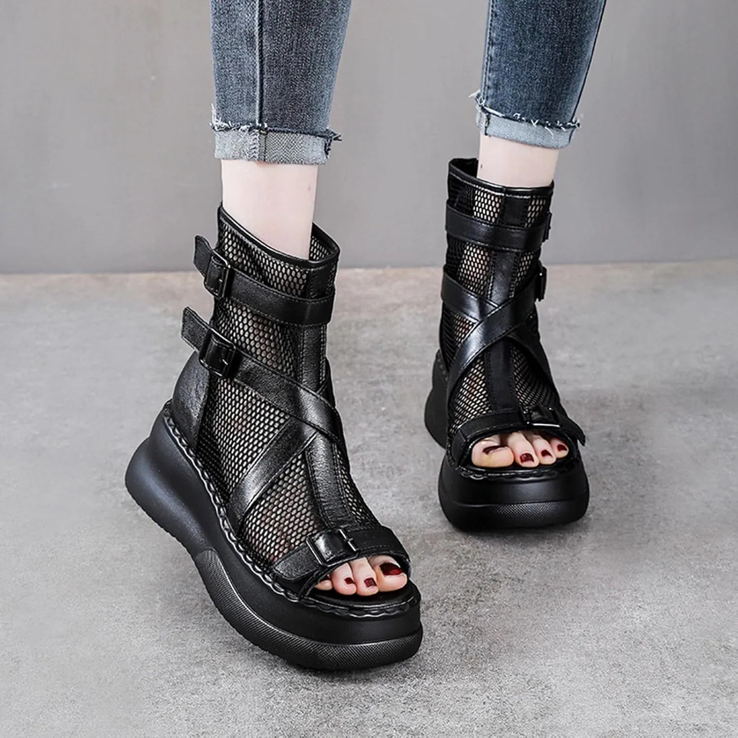 Women's Genuine Leather High Top Platform Sandals with Buckle Strap Summer Peep Toe Back Zipper Hollow Mesh Casual Ankle Boots Lightweight Comfortable Roman Sandals